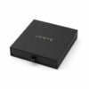 Closed black single-end drawer jewelry packaging box with a gold foil JUNYE logo and a ribbon pull on the front
