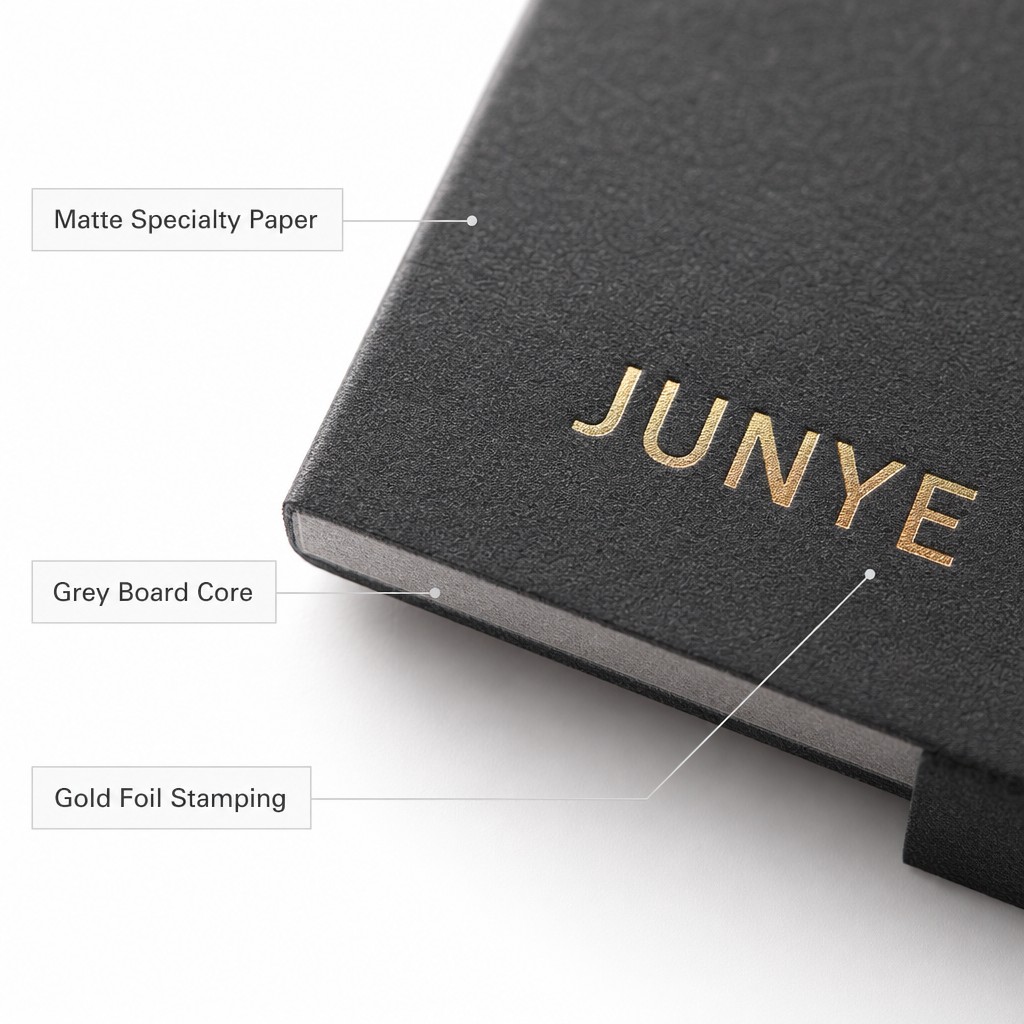 Material and finish of a black jewelry drawer packaging box: matte specialty paper, grey board core and gold foil stamping