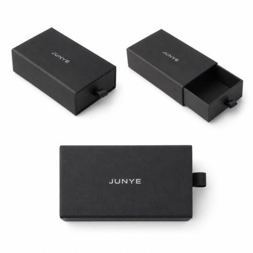 Black drawer jewelry box shown closed, half open and from the front, custom rigid sliding tray box