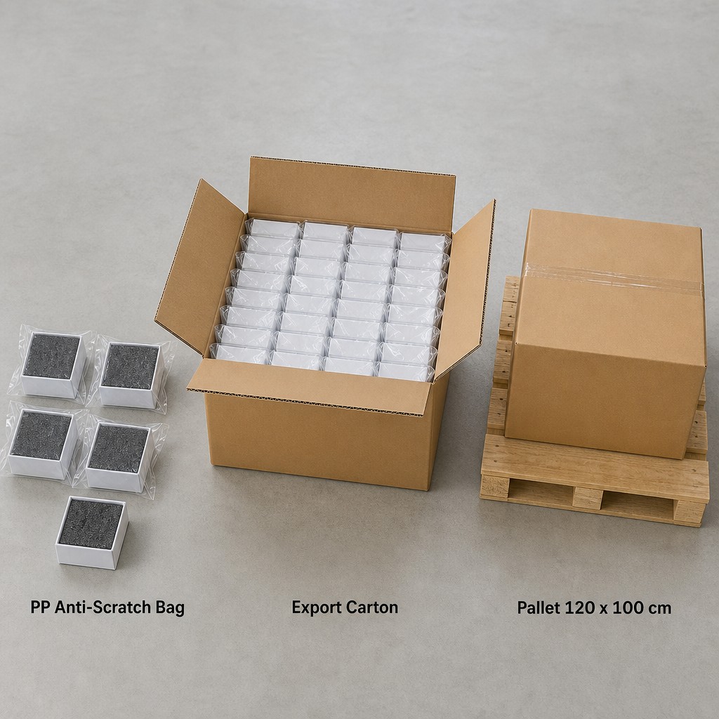 Drawer jewelry boxes in anti-scratch bags packed into an export carton on a pallet