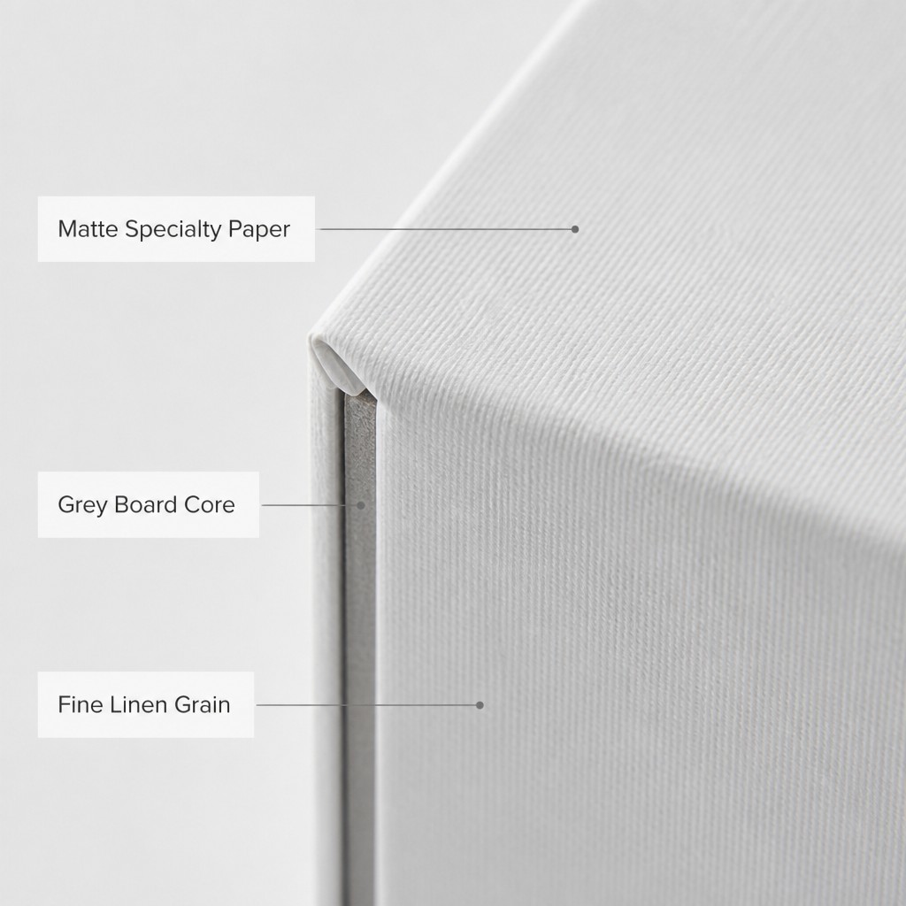 Material and finish of a drawer jewelry box: matte specialty paper, grey board core and a fine linen grain