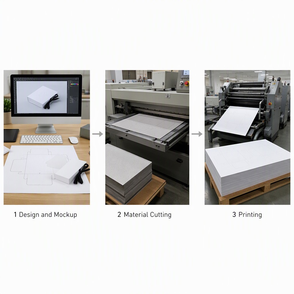 Magnetic flip box production stages labelled design and mockup, material cutting and printing