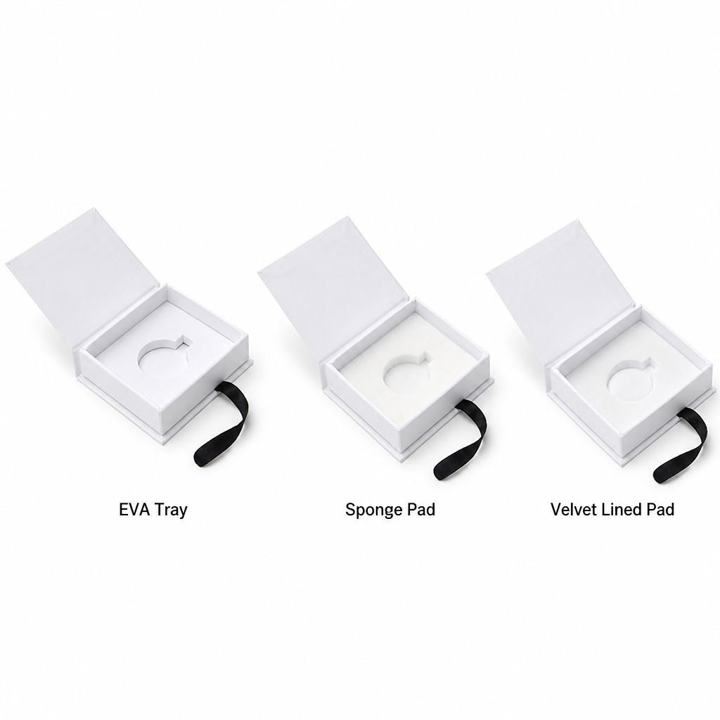 Three magnetic flip box tray options side by side: EVA tray, sponge pad and velvet lined pad