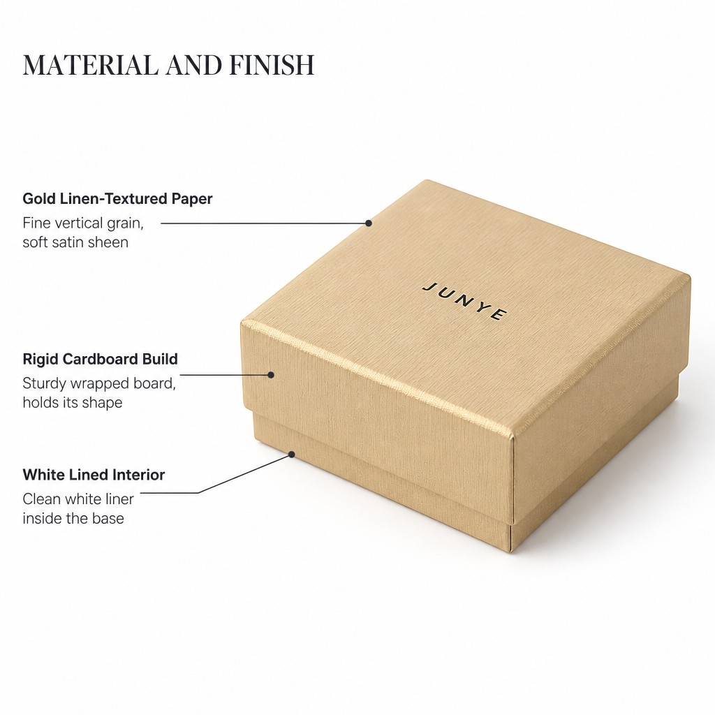 Material and finish of a gold gift jewelry package: gold linen-textured paper, rigid cardboard build and white lined interior