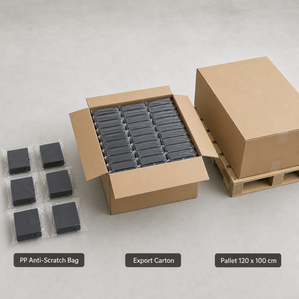 Black drawer boxes in anti-scratch bags packed into an export carton next to a 120 x 100 cm pallet