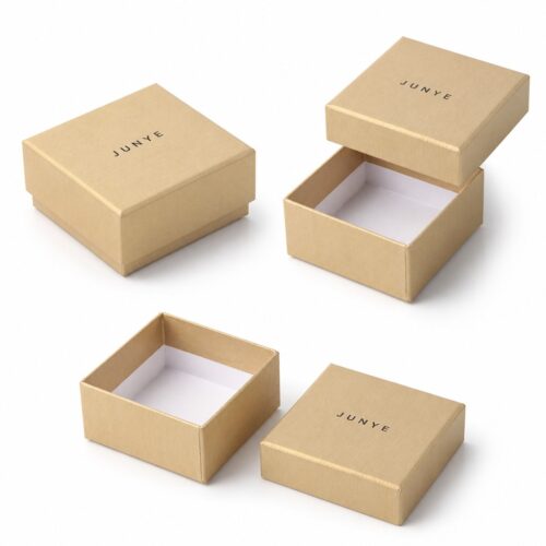 Four views of the lid and base gift jewelry box: closed, lid lifted, open base with white liner and the lid alone