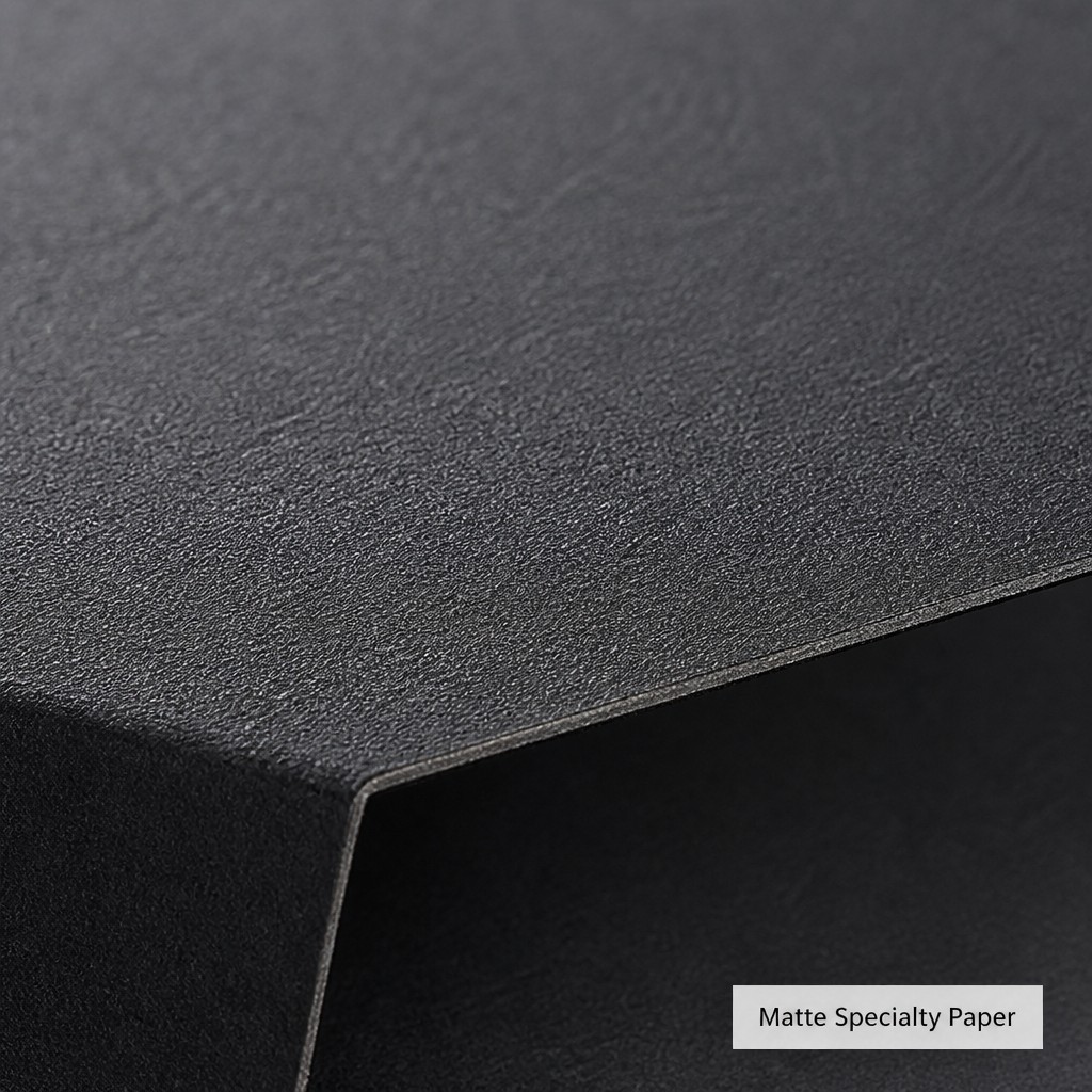 Close up of the matte black specialty paper wrap on the corner of a drawer jewelry box