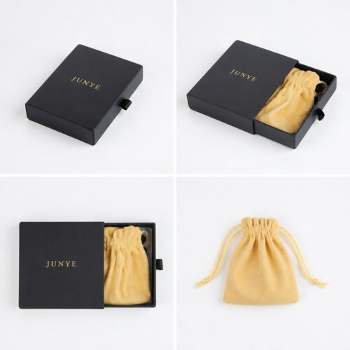 Flat black drawer box shown closed, opened with a velvet drawstring pouch inside, and the pouch on its own