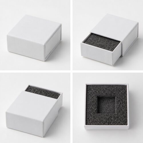 Two-way drawer jewelry packaging shown closed, pushed out from each end, and the tray slot from above