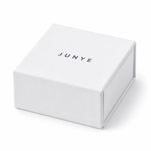 Closed white two-way drawer jewelry box with the JUNYE logo printed on the sleeve