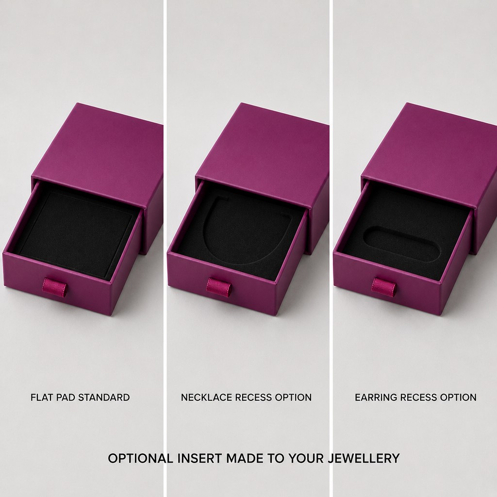 Three adjustable jewelry insert layouts side by side: flat pad standard, necklace recess option and earring recess option