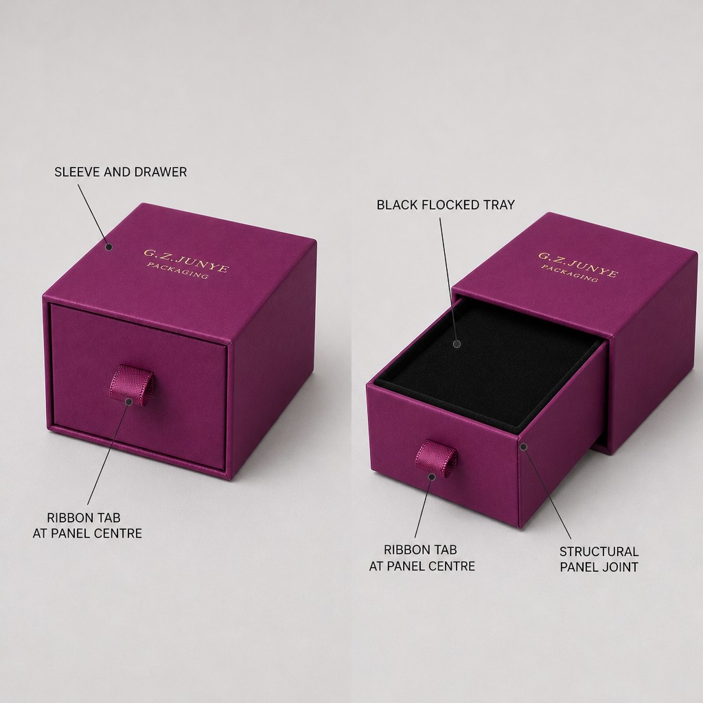 Structure of an adjustable insert drawer box: sleeve and drawer, ribbon tab at panel centre, black flocked tray and structural panel joint