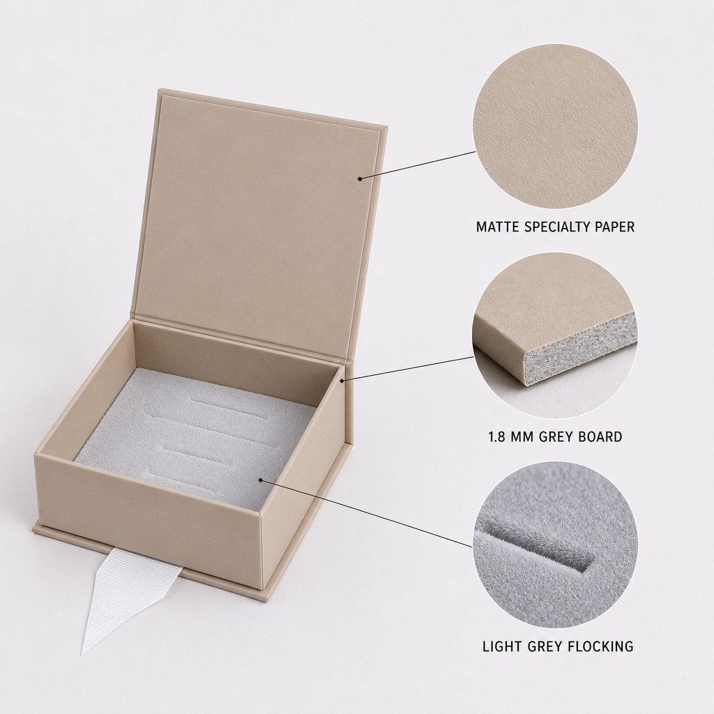 Beige jewelry box materials labelled matte specialty paper, 1.8 mm grey board and light grey flocking