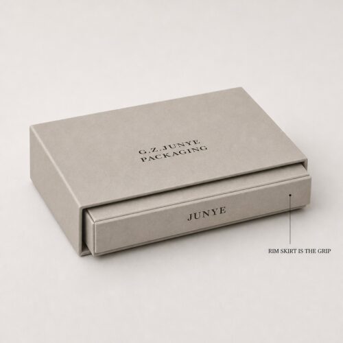 Rim fold jewelry case part open, showing the hairline seam where the skirt meets the five-face sleeve