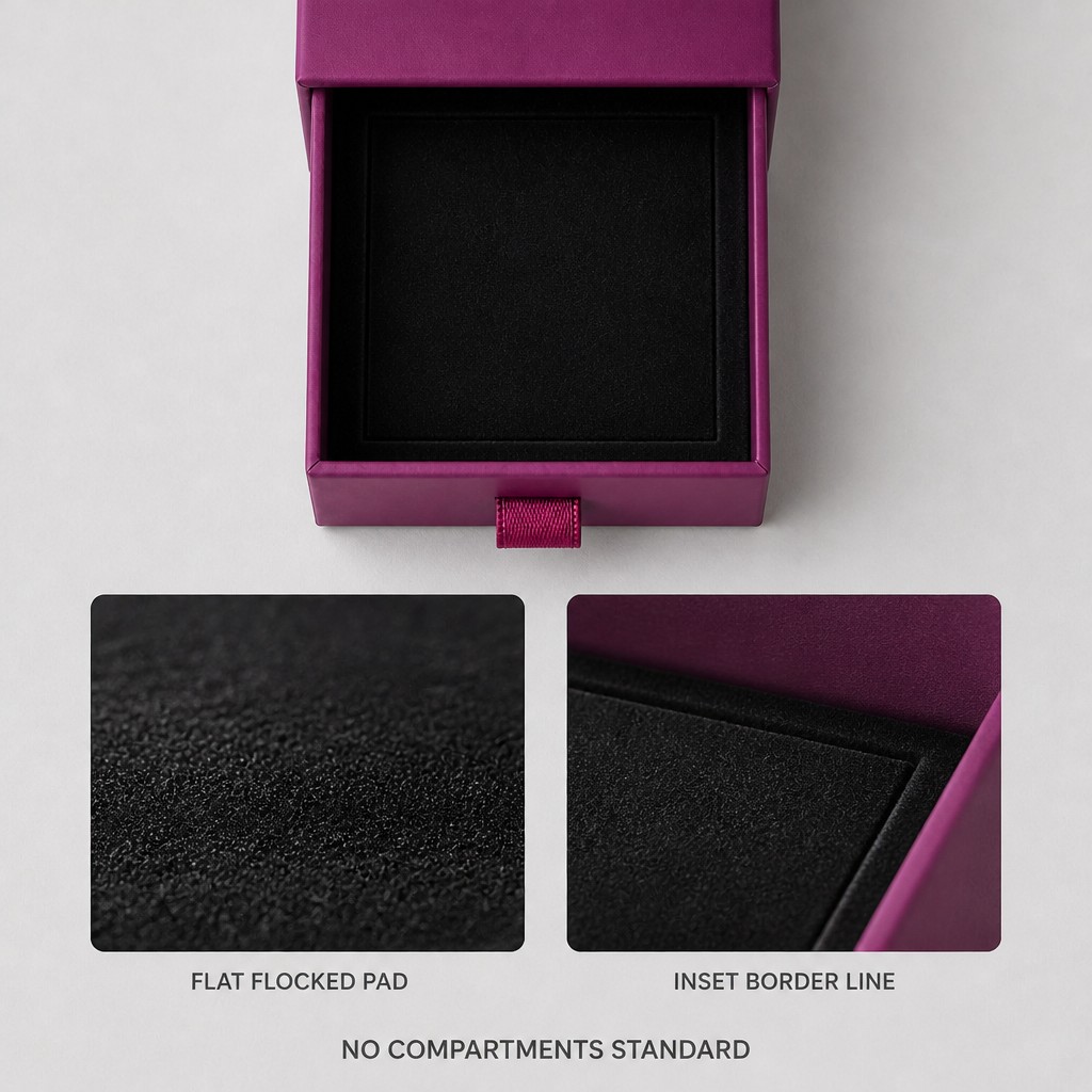 Black flocked pad with the recessed insert border line and no compartments, shown with the tray open
