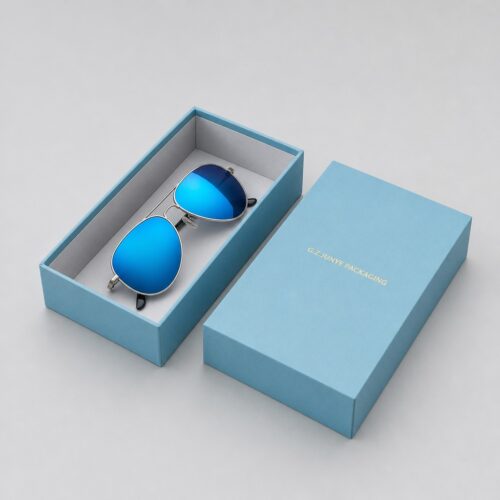 Blue eyewear box open with sunglasses resting on the flat light grey liner