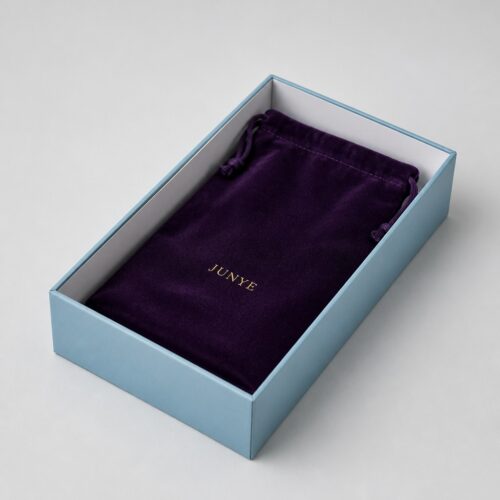 Blue eyewear box open with the velvet drawstring pouch packed inside the tray