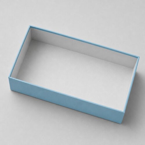 Empty blue eyewear tray showing the light grey lining and the blue edge at the mouth