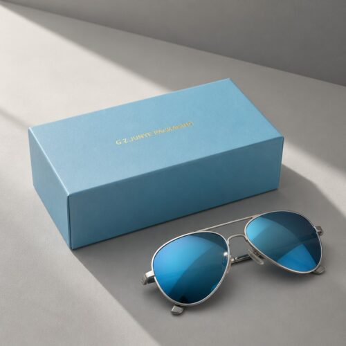Closed blue paper eyewear box in front of a pair of sunglasses