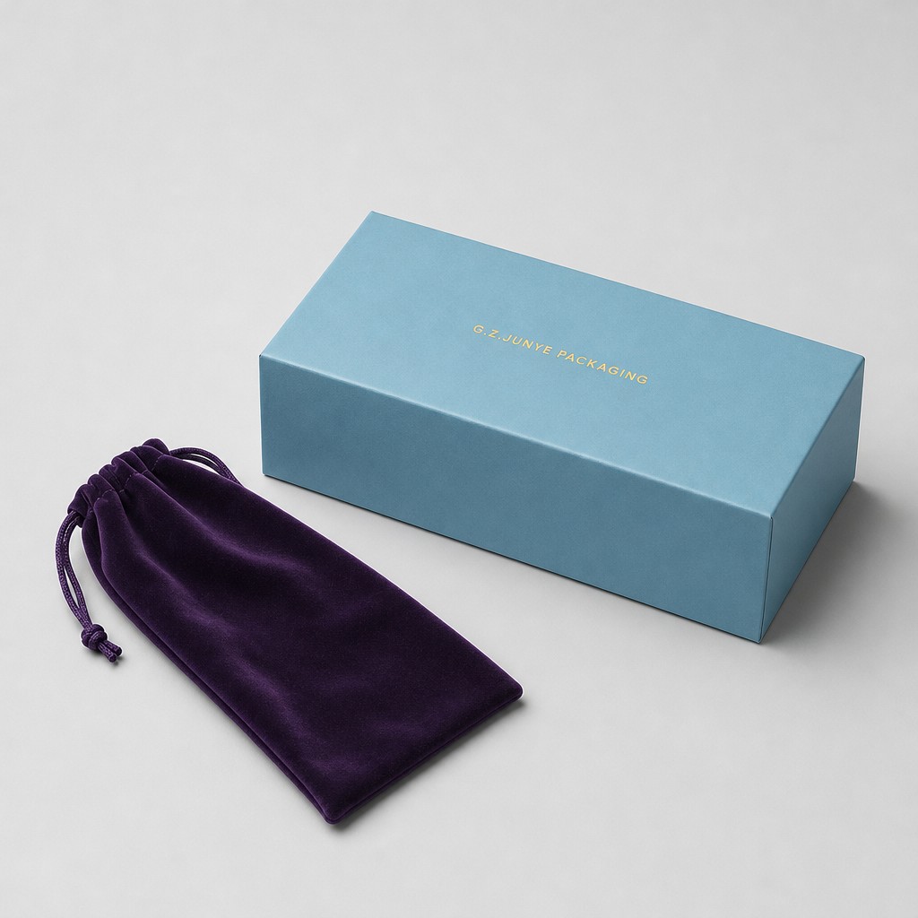 Closed blue eyewear box beside a purple velvet drawstring pouch