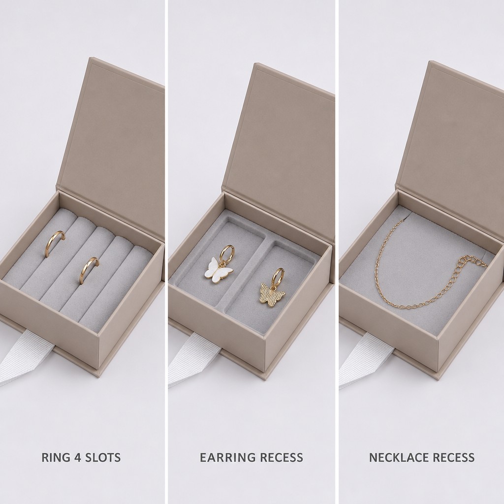 Three slotted jewelry box inserts side by side: ring tray with four slots, earring recess and necklace recess