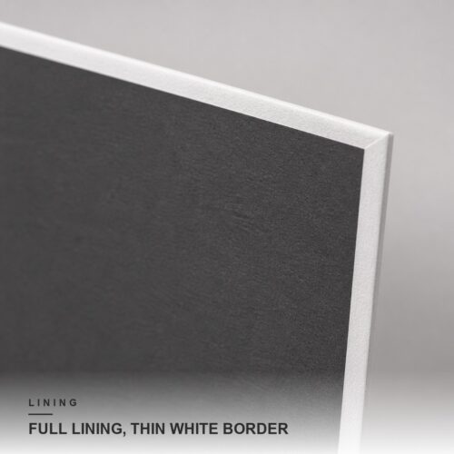Inside face of the cover fully lined in dark grey with a thin white border