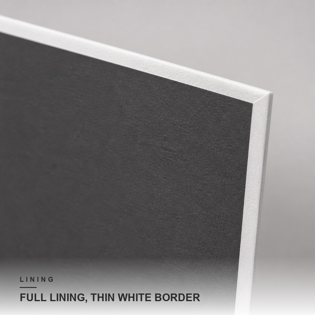 Inside face of the cover fully lined in dark grey with a thin white border