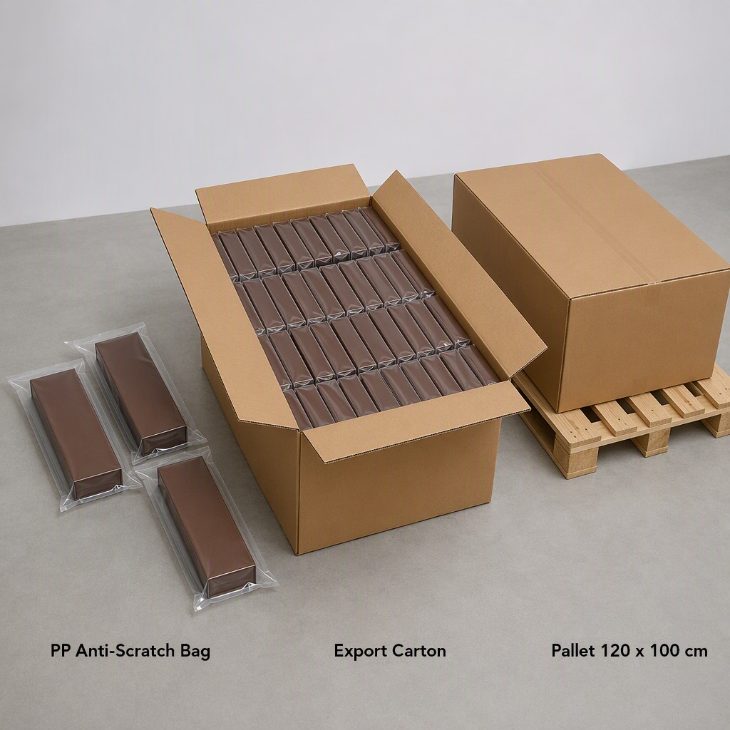 Gift set boxes in anti-scratch bags packed into an export carton beside a 120 x 100 cm pallet