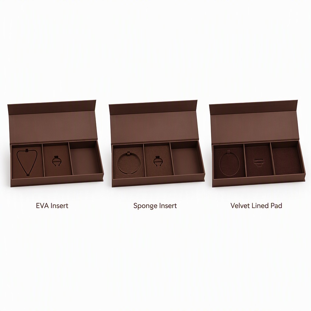 Three gift set box insert options: EVA insert, sponge insert and velvet lined pad in the same three compartment box