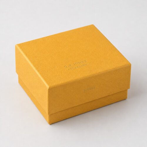 Gold embossed rigid gift box 9 x 8 x 4 cm, closed at 45 degrees