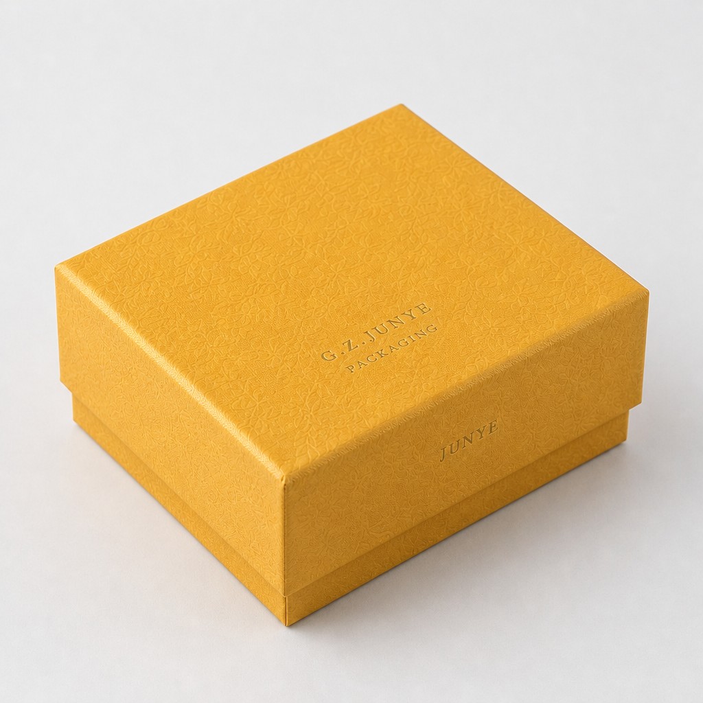 Closed gold embossed rigid box showing the lid sitting over the base