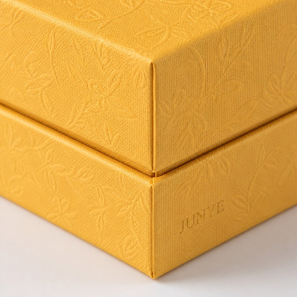 Close up of the corner and the lid seam on the gold embossed rigid box showing the embossed paper and the step
