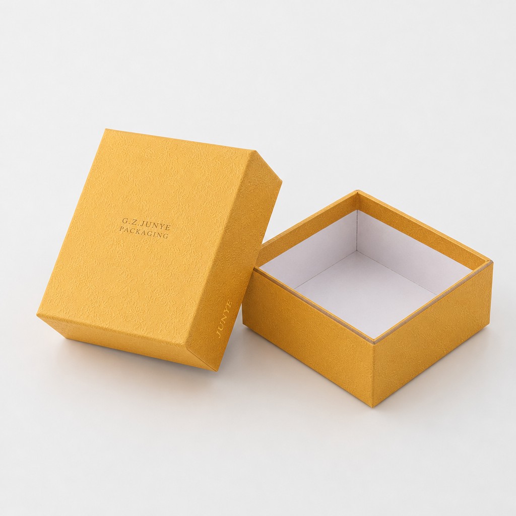 Lid lifted off the gold embossed rigid box showing the white liner paper inside the tray and the turned in mouth
