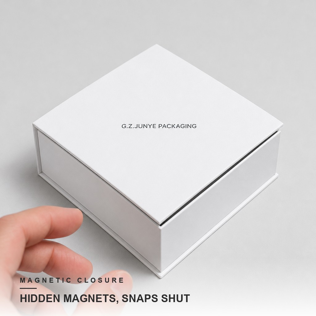 Closed white book-style gift box with the G.Z.JUNYE PACKAGING logo, magnets holding the cover shut