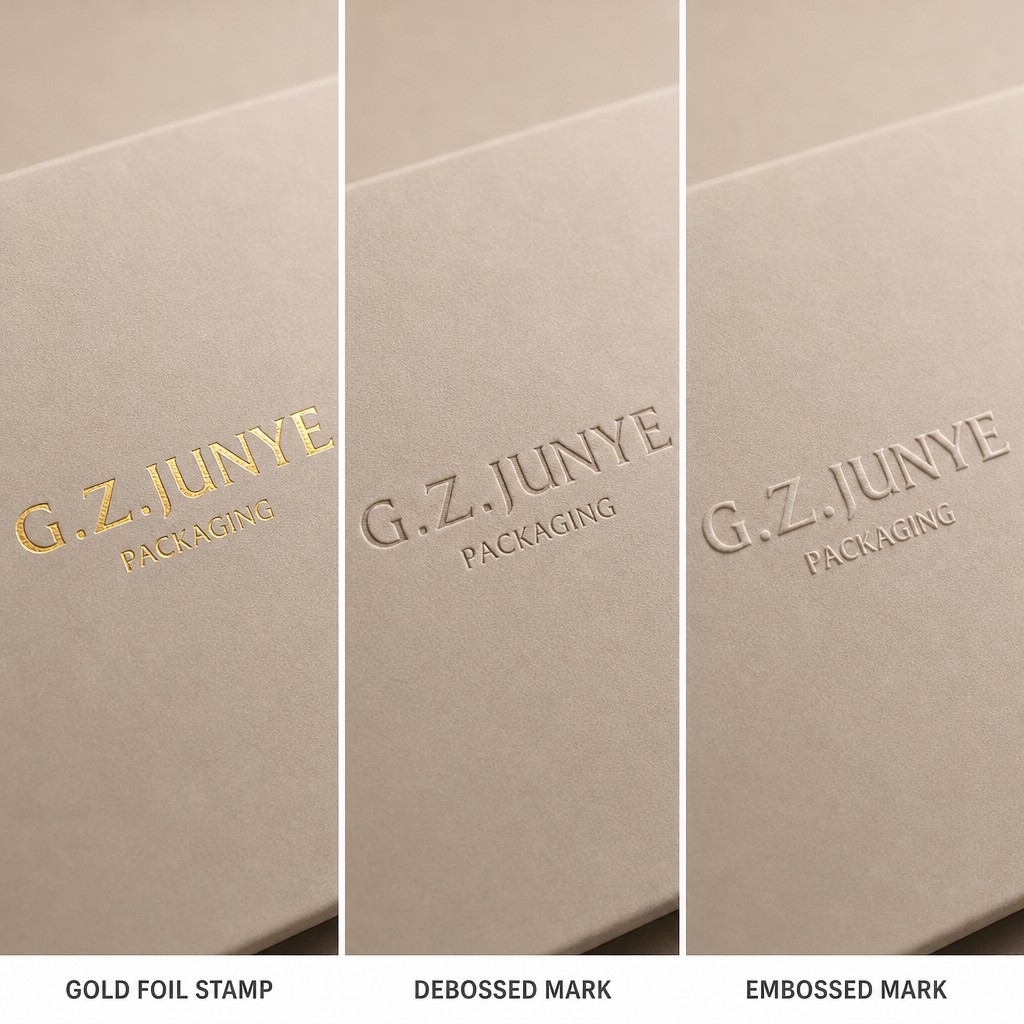 Three logo finishes on the beige box lid: gold foil stamp, debossed mark and embossed mark