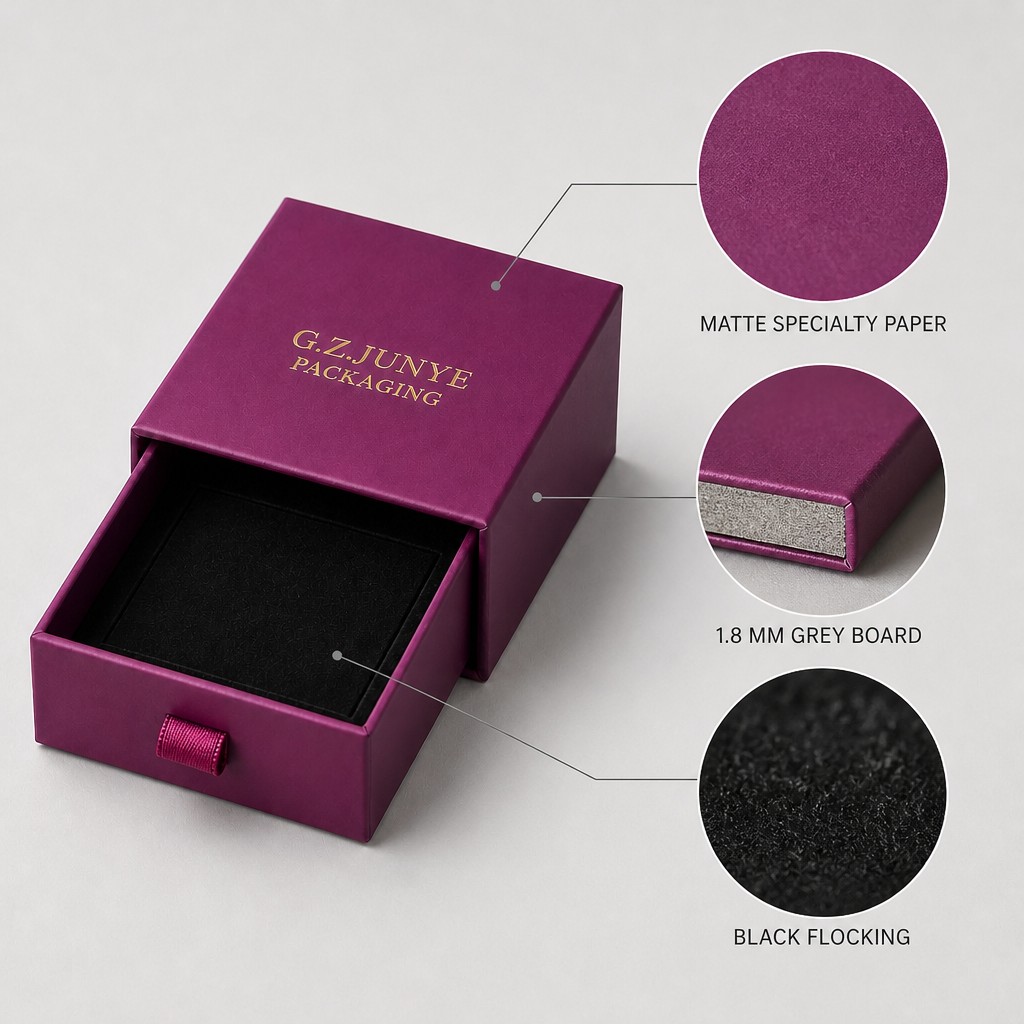 Magenta drawer box materials labelled matte specialty paper, 1.8 mm grey board and black flocking