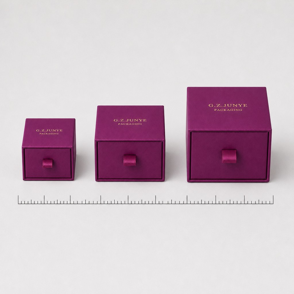 Three near-cube drawer box sizes side by side against a ruler, showing the 8 x 7 x 7 cm size and custom sizes on request