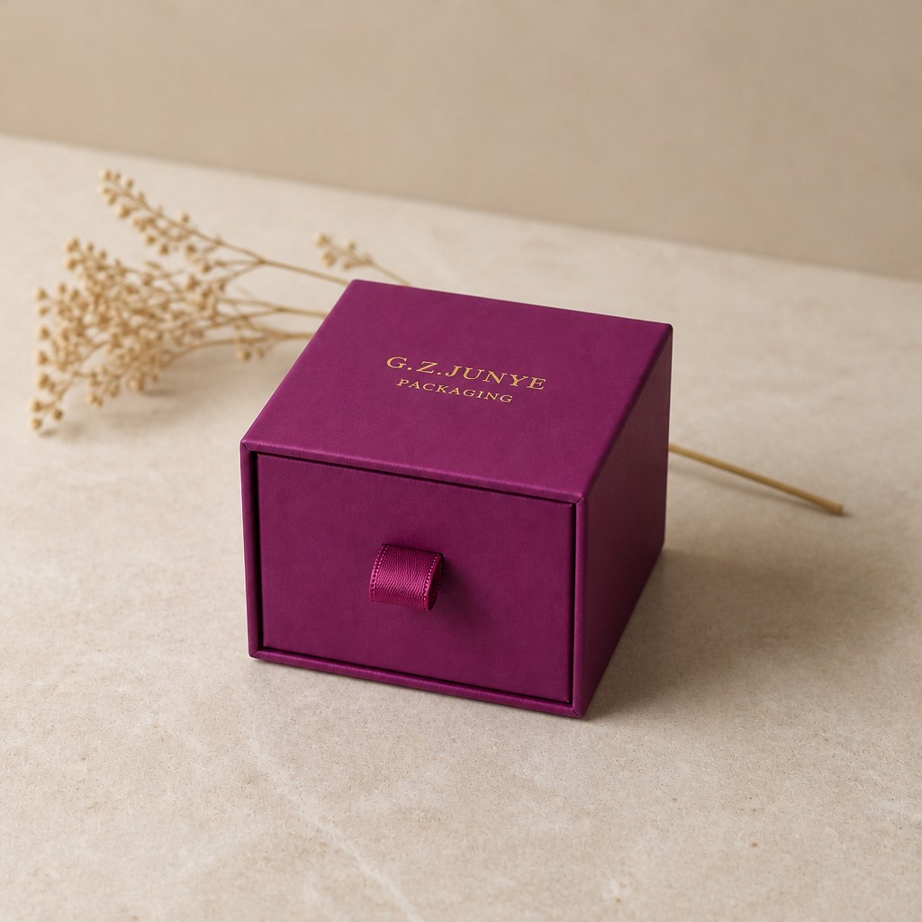 Magenta drawer jewelry box styled on cream fabric beside dried flowers