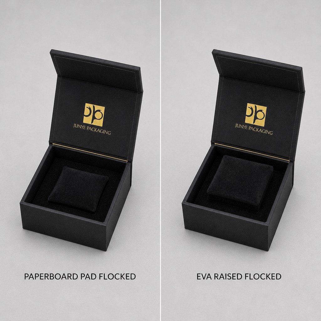 Cube jewelry box magnetic close with two flocked tray builds: paperboard pad and EVA raised
