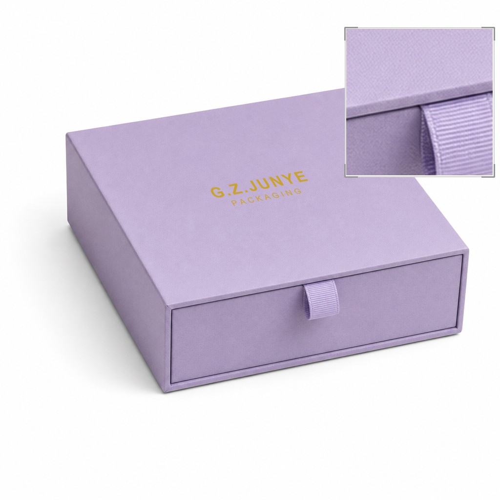 Purple drawer box closed, with a close-up inset of the same-colour flat loop pull on the tray front board