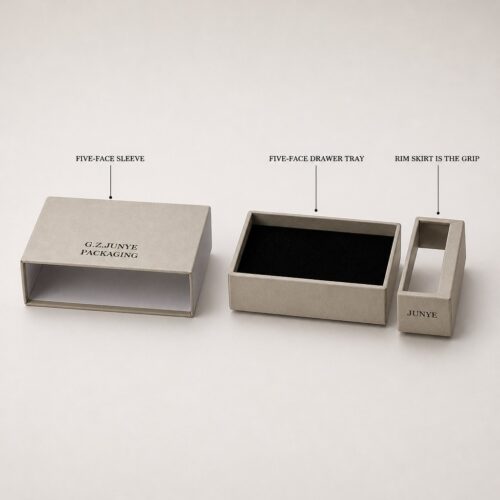 The three paper parts of the rim fold jewelry case laid out: sleeve, drawer tray and rim skirt band
