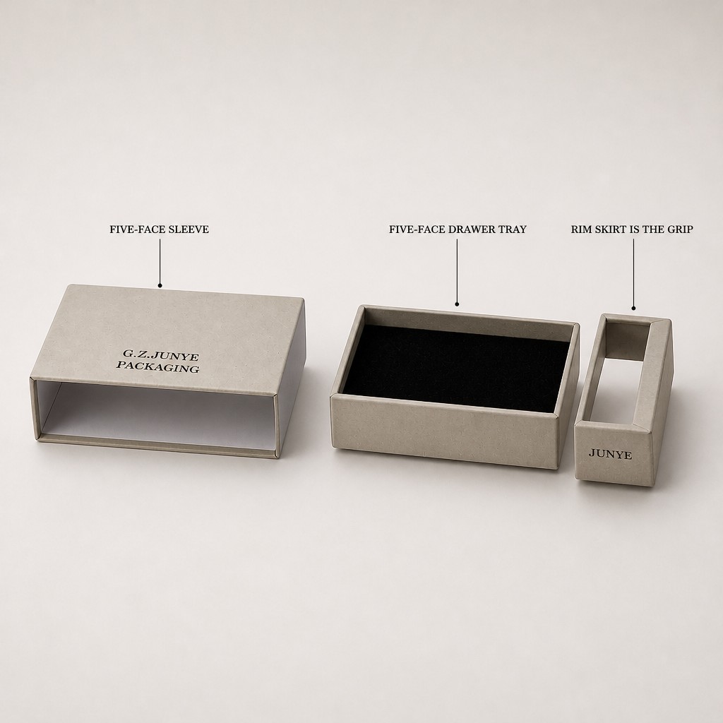 The three paper parts of the rim fold jewelry case laid out: sleeve, drawer tray and rim skirt band