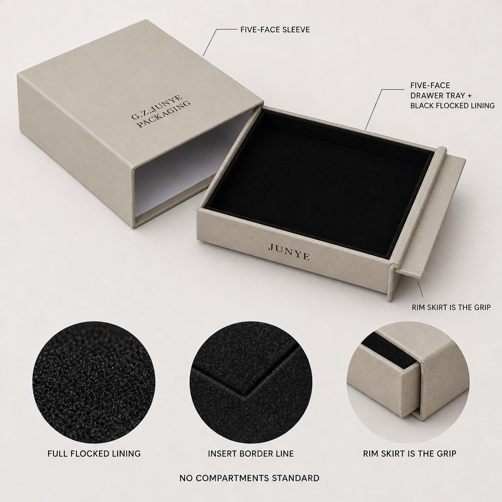 Full black flocked lining with one inlay border line and no compartments as standard in the rim fold jewelry case