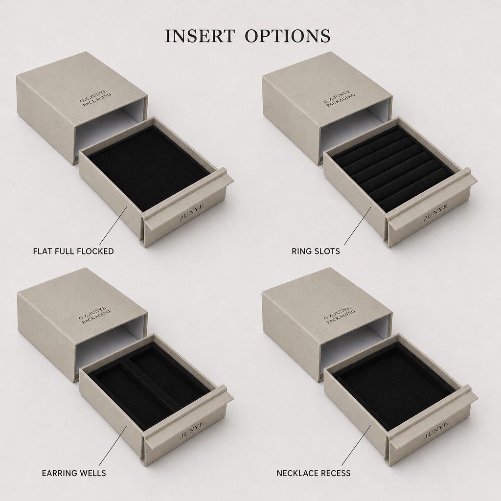 Insert options for the flat-wide jewelry case: flat full flocked pad, ring slots, earring wells and a necklace recess