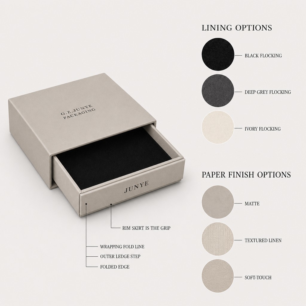 Lining and paper finish options for the rim fold jewelry case, with callouts for the wrapping fold line, outer ledge step and folded edge