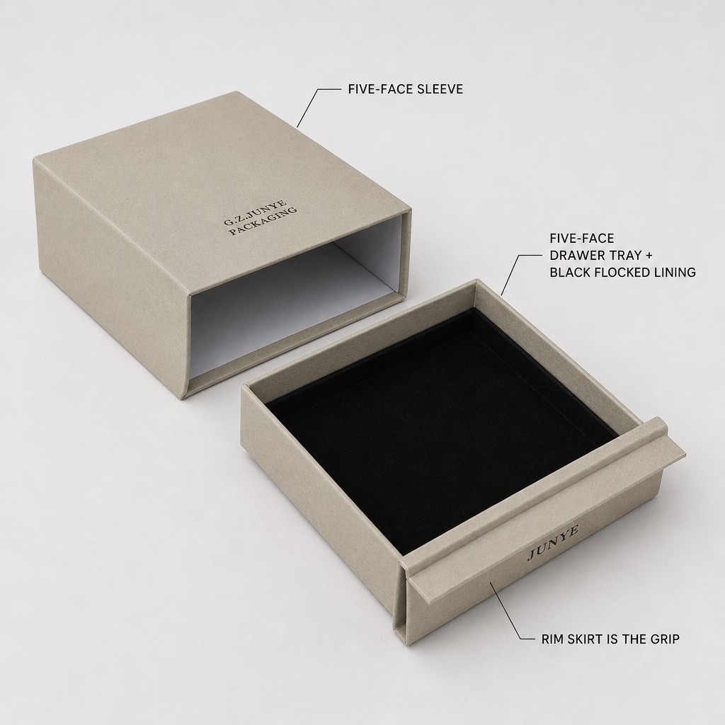 Labelled rim fold jewelry case parts: five-face sleeve, five-face drawer tray with black flocked lining, and the rim skirt