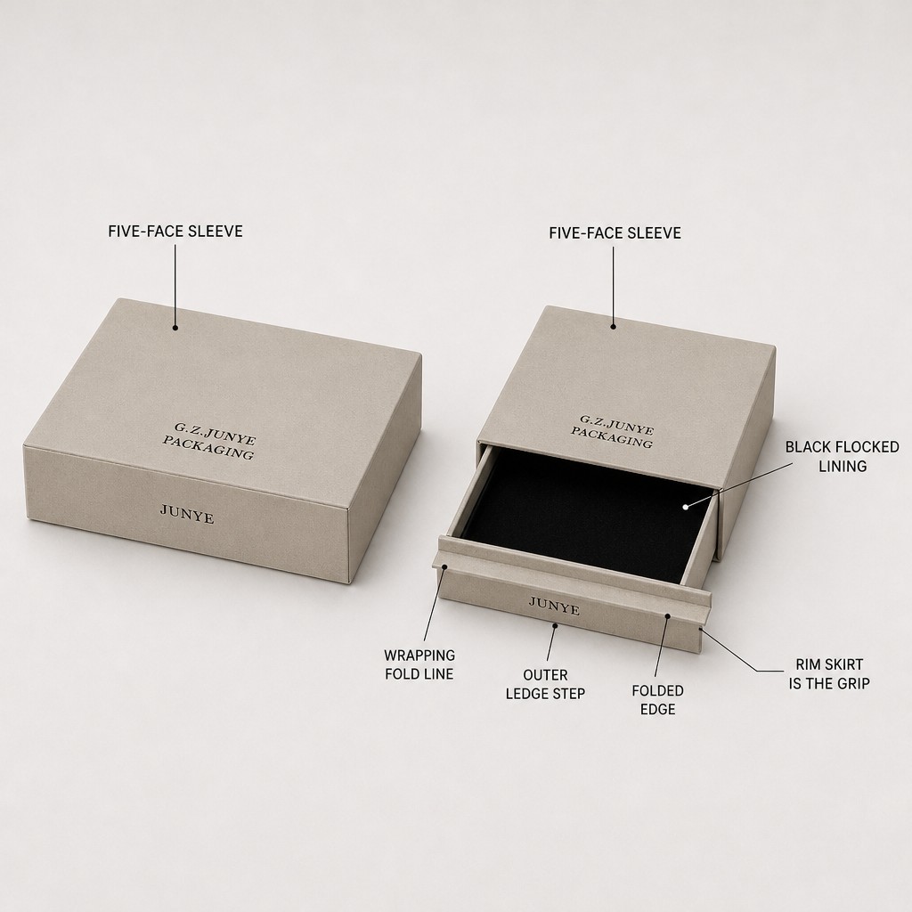 Structure callouts on the rim fold jewelry case: five-face sleeve, black flocked lining, wrapping fold line, outer ledge step, folded edge and the rim skirt that works as the grip