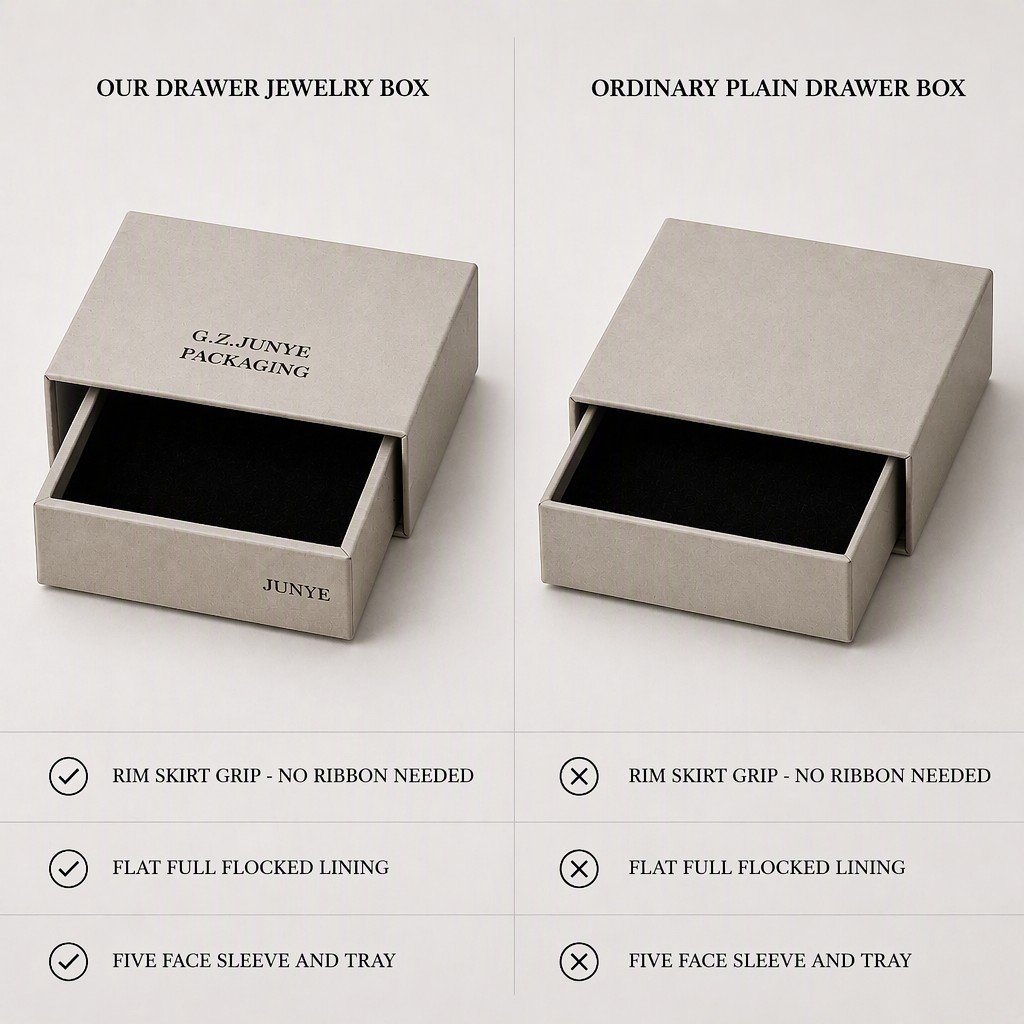 Comparison chart: our drawer jewelry case with a rim skirt grip, a flat flocked lining and five-face sleeve and tray, next to an ordinary plain drawer box
