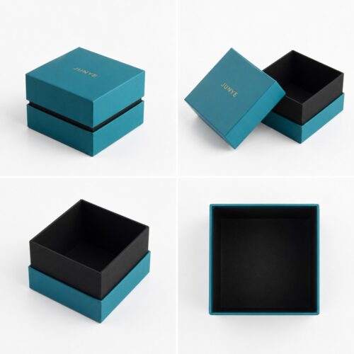 Four views of the rimmed lid box: closed, lid lifted off, and the matte black lined base tray from above