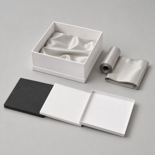 Satin lining and loose material swatches laid beside the open white gift box